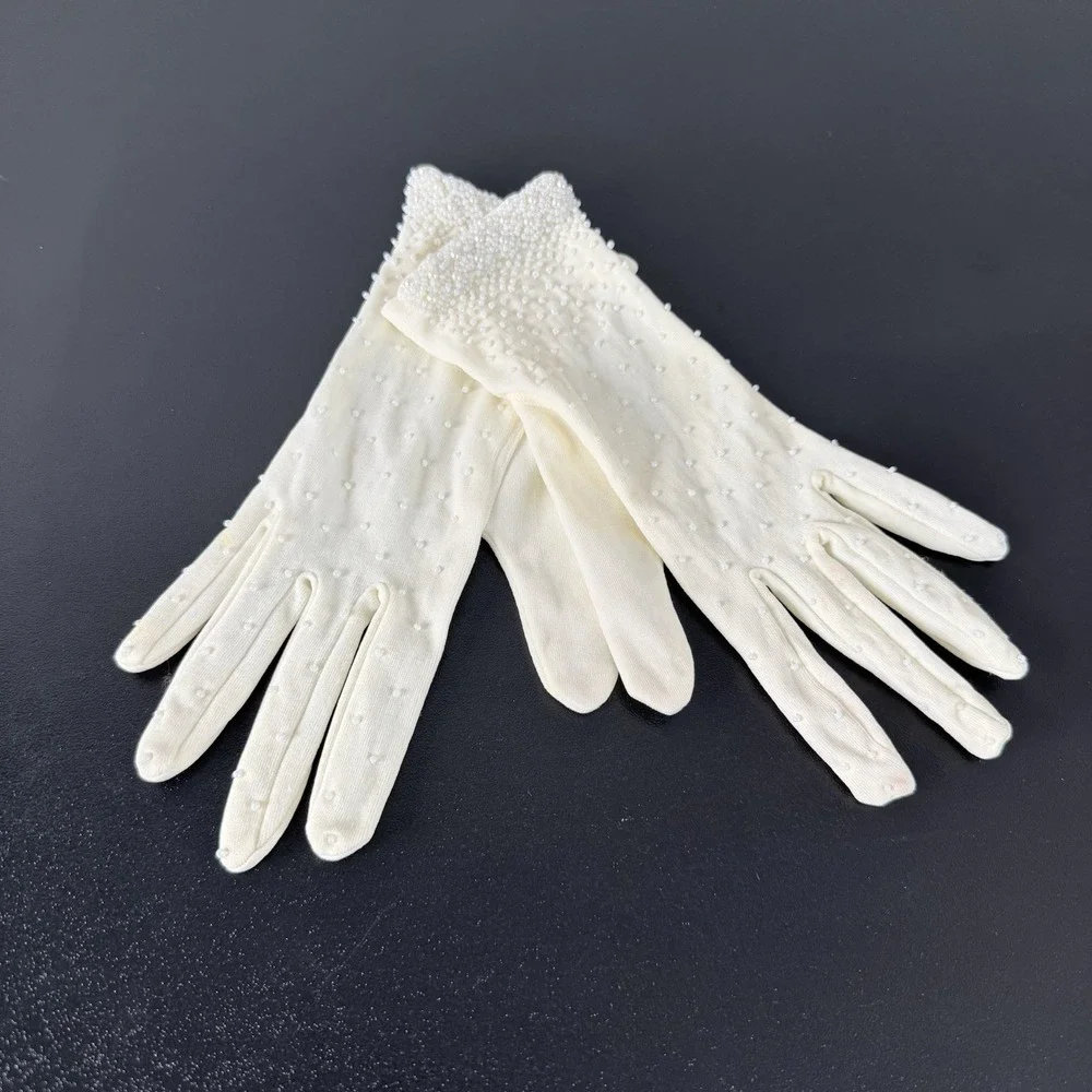 Vintage Ivory Beaded Faux Pearl Stretch Gloves Bridal Wedding Formal One Size